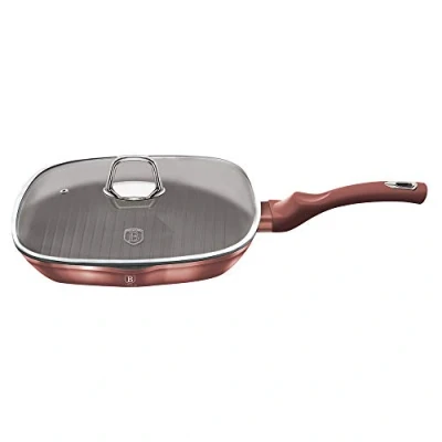 Image of 28cm Colorful Square Grill Pan Fry Frying Marble Non Stick Griddle Steak Kitchen Induction Appliances (Rose with Lid)