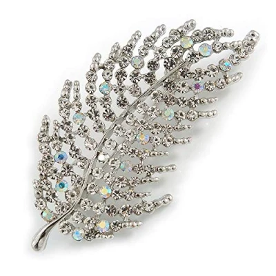 Image of Avalaya Statement Clear/Ab Crystal Leaf Brooch in Silver Tone 70mm Long