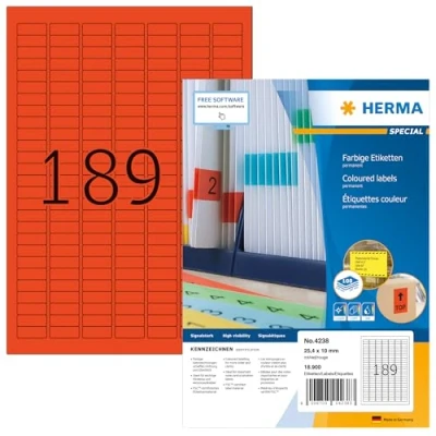 Image of HERMA Self Adhesive Coloured Labels, 189 Labels per A4 Sheet, 100 Sheets, 25.4 x 10 mm, 18900 Blank Colour Stickers, Sticky for Laser &amp; Inkjet Printer, Red