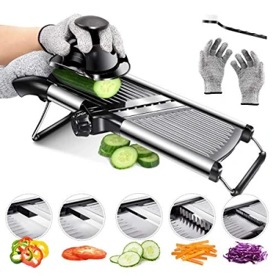 Image of Masthome Mandoline Vegetable Slicer, 5 in 1 Mandolin, Adjustable Stainless Steel Food Slicer for Vegetable,Potato Onion Cabbage, Send Cut Resistant Gloves &amp; Brush