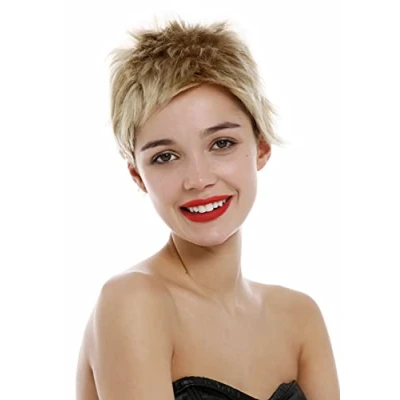 Image of Wig ME UP M276 HH 22 Human Hair Unisex Women Men short frayed spiky 80s style Pixie cut micro fring bangs blond