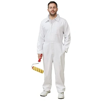 Image of Fit for The Job 100% Cotton Drill Multi Pocket White Boiler Suit Coverall, Decorators Protective Overall Dungarees Painting &amp; Decorating, Work Jobs, Heavy Duty Fabric 44&quot;