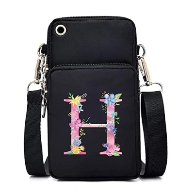 Image of FINDING CASE initial letter Printed Women Girls men Zipper Waterproof Nylon 3 Layers Crossbody Bags Wallet Cellphone Purse Shoulder Bag Wristlet Handbags Adjustable Strap (pink H)