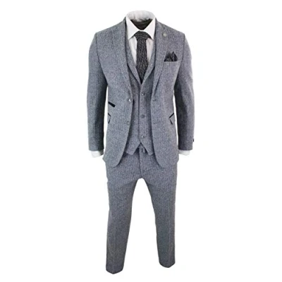Image of Mens Light Grey 3 Piece Tweed Suit Herringbone Wool Vintage Retro
