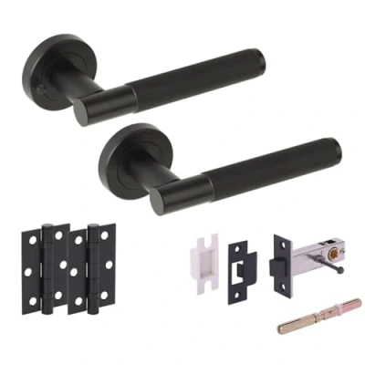 Image of HANDLEZONE® Evo Grip Privacy Door Handle Pack, Complete with Lever Handles, 76mm Latch, 75mm Ball Bearing Hinges Black Matt