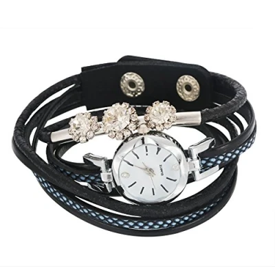 Image of Elegant Watch, Women Wristwatch Bracelet Watch Rhinestone Round Dial Quartz with PU Strap(Black) Wrist Women&#039;s