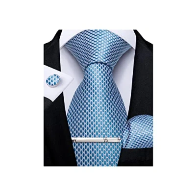 Image of DiBanGu Men&#039;s Necktie Solid Silk Tie and Pocket Square Wedding Cufflinks Set Formal, One Size, Light Blue