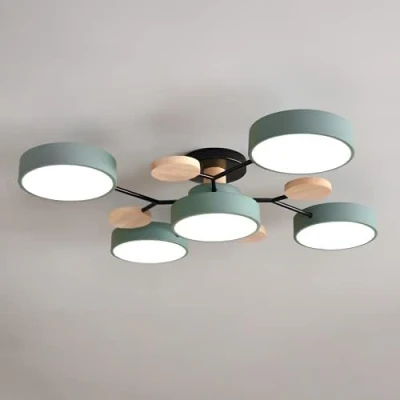 Image of WaTsKY Nordic LED Ceiling Light Modern Acrylic Lamp Creative Semi Flush Mount Sputnik 5 Lights with Wood Decoration for Living Room Dining Bedroom, Green
