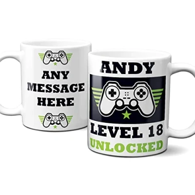Image of Thoughtful Gifts Gamer Mug Level 18 Unlocked, 18th Birthday Personalised Mug, for Year Old boy, Cup Birthday, Gift Old, Add Name and Message
