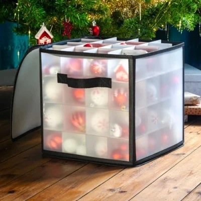 Image of CKB LTD Clear Christmas Bauble Storage Box Cube With Dividers Stores up to 64 Baubles, Foldable Xmas Ornaments and Decorations Container 30 x cm (Transparent)