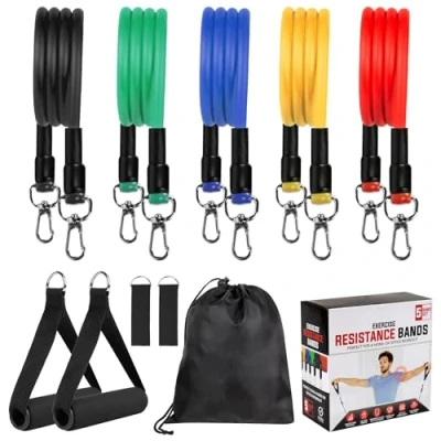 Image of Albert Austin Set of 5 Exercise Bands Resistance with Carabiner Clips Attachment 2 Ankle Straps Foam Handles and Carry Bag Durable Flexible Natural Latex for Men Women Fitness