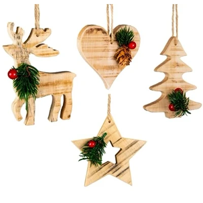 Image of SHATCHI Rustic Star, Reindeer, Heart Tree Decorations Christmas Wooden Festive Ornaments Hanging Xmas Pendants DIY Crafts Gifts, Wood, Assorted 4Pcs