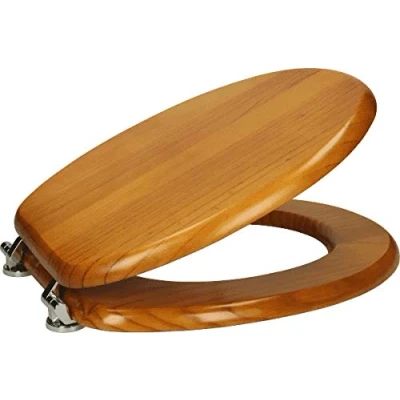 Image of Traditional Bathroom WC Wooden Round Toilet Seat Chrome Hinges Fittings Wood