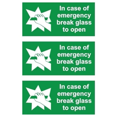 Image of In case of emergency break glass to open safety sign Pack 3 200mm x 100mm Self adhesive stickers on sheet (300mm 200mm)