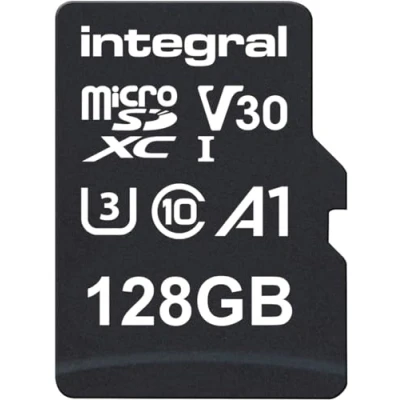 Image of 128GB MicroSD Memory Card for Samsung a15, a25 mobile phones Class 10 UHS 1 U3 V30 Integral + Digi Wipe Cleaning Cloth