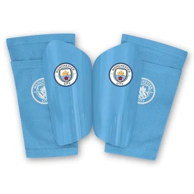 Image of Hy Pro Officially Licensed Manchester City F.C. Shin Pad With Sock Sleeve, Junior Guard, Breathable, Lightweight, Durable, Protective Gear, Man City, Merchandise, Great Football Gift Idea