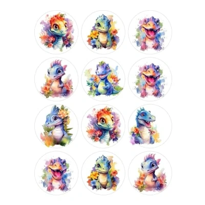 Image of 12 Colourful Dinosaurs Selection Mini Card Making Toppers Self Adhesive Circles Glossy Finish Small 64mm (2.5 inches) Diameter Pack of Crafts Labels
