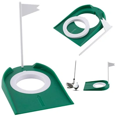 Image of Golf Putting Mat Practice, Indoor Outdoor Cups and Flags Plastic Cup Practice with Adjustable Hole &amp; White Flag