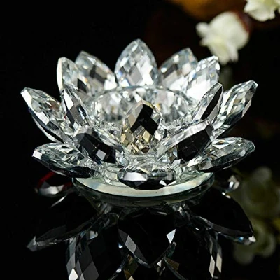 Image of Crystal Lotus Flower Tea Light Candle Holder Spin System, 11 cm White Lotus, Glass Ornament for Home, Wedding, Feng Shui Decoration (White)