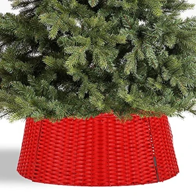 Image of Taylor &amp; Brown Large 60cm Wicker Christmas Tree Skirt Festive Xmas Stand Cover Traditional Decoration Rattan Basket Tidy Decor (Red)