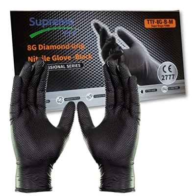 Image of Supreme TTF Extra Strong 8.0 mil Thickness Orange HD Nitrile Powder Free &amp; Latex Diamond Grip Gloves Box of 50 (Black, XL (Size 10))
