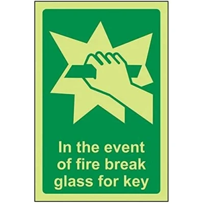 Image of V Safety Glow In The Dark Case Of Fire Break Glass For Key Sign 100mm x 150mm Rigid Plastic