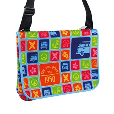 Image of BRISA VW Collection Volkswagen Large Neoprene Shoulder Crossbody Culture Bag in Landscape Format T1 Bus Campervan Design (Surf/Multicolor)