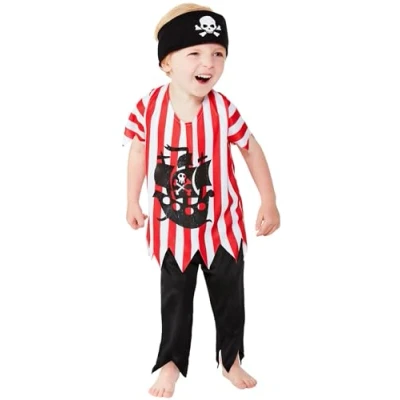 Image of Smiffys Toddler Jolly Pirate Costume, Multi Coloured with Top, Trousers &amp; Bandana, Boys Fancy Dress, Dress Up Costumes