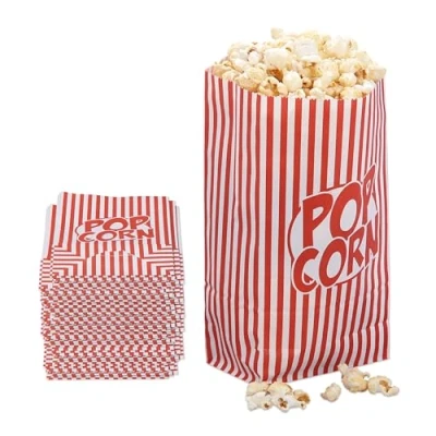 Image of Relaxdays Popcorn Bags, Set of 100, Striped, Retro Look, Cinema, Movie Night Accessory, Cardboard, Container, Red/White, Paper, 26 x 13 8 cm