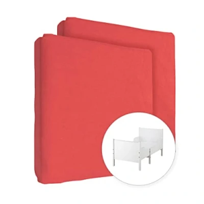 Image of 2X Jersey 100% Cotton Fitted Sheet for 160 x 80 cm Extendable Toddler Junior Bed Mattress (Red)