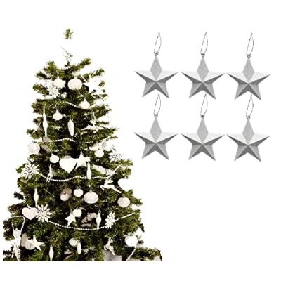 Image of Pack of 6 8cm 3D Glitter Star Baubles Christmas Tree Decorations (White)