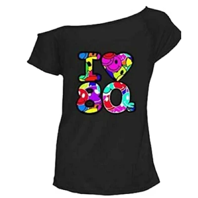 Image of Zeetaq Ladies I Love The 80&#039;s T Shirt Fancy Dress Costume Neon Festival Women&#039;s Outfit UK Size 8 26 (Black 80&#039;s, S M)