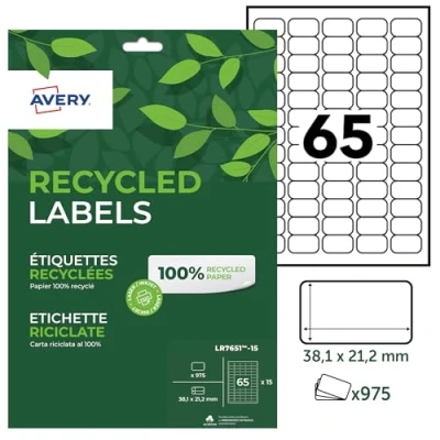 Image of AVERY 975 White Customizable Self Adhesive Labels 100% Recycled Size 38.1 x 21.2 mm Laser and Inkjet Printing