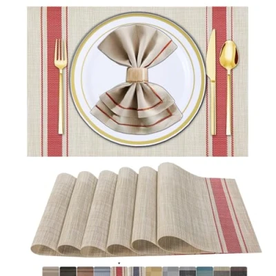 Image of ARTAND Placemats Red Table Mats Set of 6 Woven Vinyl Place for Dinner Washable &amp; Durable Indoor/Outdoor Use Accessories Pcs,01