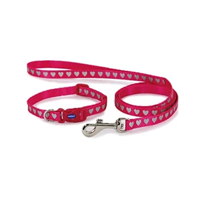 Image of Ancol small Bite Reflective Collar and Lead set for dogs puppies Pink Hearts
