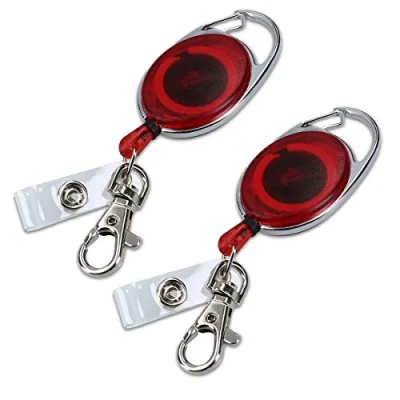 Image of kwmobile 2X Retractable ID Badge Holder Yo Card Belt Clips with Metal Carabiner Extendable Yoyo Lanyard Keyring Pass Holders Red