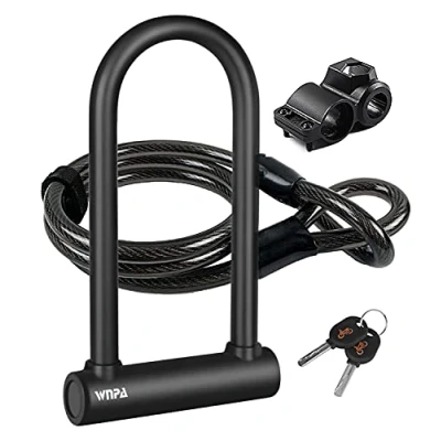 Image of Bike U Lock, Heavy Duty High Security D Shackle Bicycle Lock with 4FT/1.2M Steel Flex Cable Sturdy Mounting Bracket and Key
