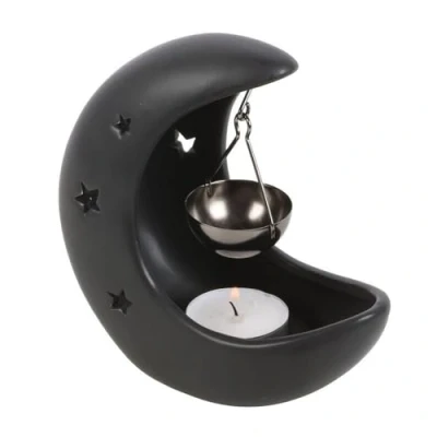 Image of Black Crescent Moon Hanging Oil Burner Elegant Metal Aromatherapy Holder for Relaxing Atmosphere, Perfect Home Décor Accent