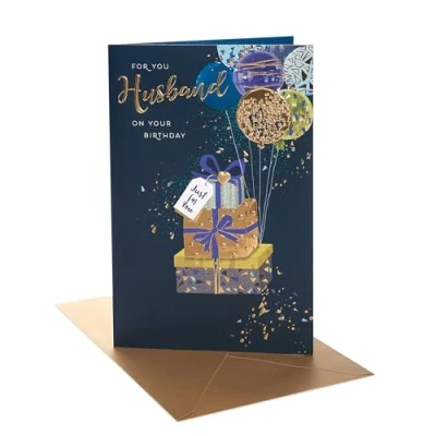 Image of UK Greetings Birthday Card for Husband Gold Presents &amp; Balloons Design