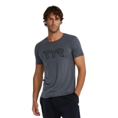 Image of TYR Unisex&#039;s Ultrasoft Lightweight Short Sleeve Big Logo Tech Tee Tri Lg UX, Charcoal Heather, L