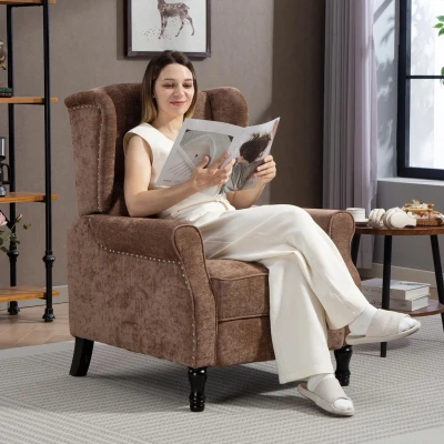 Image of HOMCOM Recliner Armchair, Vintage Reclining Chair with Nail Head Trim, Wingback Button Tufted Back and Footrest, for Living Room, Brown