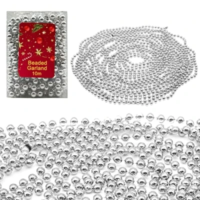 Image of HOVUK® 10M Shiny Bead Garland, Shatterproof Silver Chain, Plastic Pearl Beads Christmas Traditional Luxury Tree Decoration