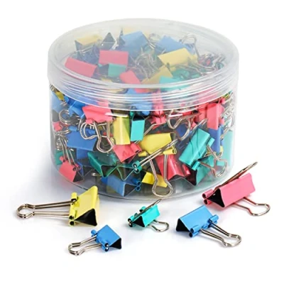 Image of Belle Vous 150 Pcs Metal Binder Clips 15mm 19mm 25mm Assorted Colour Foldback Bulldog for Home, Office, Paper, Document, Folder, Stationary Swallowtail with Container