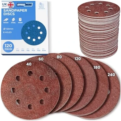Image of EffektWerk Sanding Discs (120 PK, 8 Holes) 125mm Sandpaper for Random Orbital Sanders Self Adhesive w/Hook &amp; Loop Closure Fine Coarse Grinding w/ 40/60/80/120/180/240 Grits (20 Pcs Each)