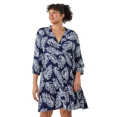 Image of Roman Curve Leaf Print Wrap Smock Dress for Women UK Ladies Everyday Holiday Spring Summer V Neckline Comfy Soft Evening Vacation Work Party Navy Plus Size 22