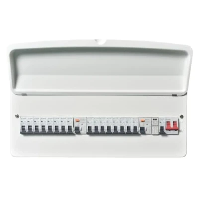 Image of Excel 24 Way Metal Clad Consumer Unit Populated Split Load c/w 100A Main Switch + 2x80A Type A RCD SPD (6x6A,1x10A,2x16A,5x32A,2x40A MCB’s) E2416TR AS