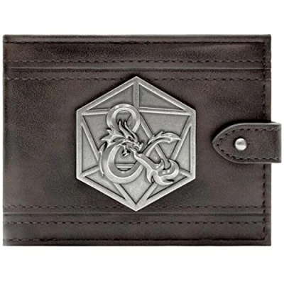 Image of Player&#039;s Handbook Dungeons &amp; Dragons 3D Ampersand Metal Dice Badge Wallet Bi Fold ID Card Holder, Brown
