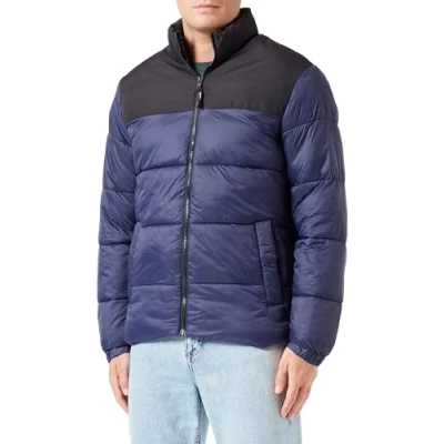 Image of JACK &amp; JONES Men&#039;s Jjetoby Puffer Collar Sn Jacket, Navy Blazer/Detail: Black Blocking, M
