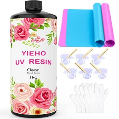 Image of YIEHO 1000g UV Resin Upgraded Crystal Clear Hard Fast Curing Epoxy Supplies with Mat for Craft Jewelry Making 1KG