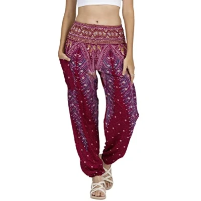 Image of Lofbaz Harem Pants for Women Yoga Boho Hippie Clothing Womens Palazzo Bohemian Pajama Trousers Beach Indian Gypsy Genie Clothes Peacock 1 Burgundy XL